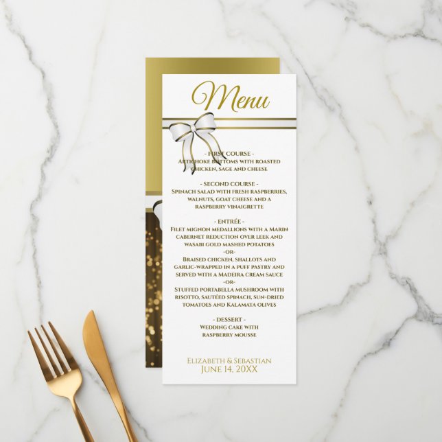 Elegant Gold Ribbons & Festive Sparkles Wedding Menu (Front/Back In Situ)