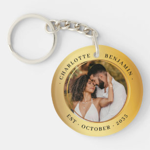 Elegant Gold Rings Couple Photo Wedding Keepsake Keychain