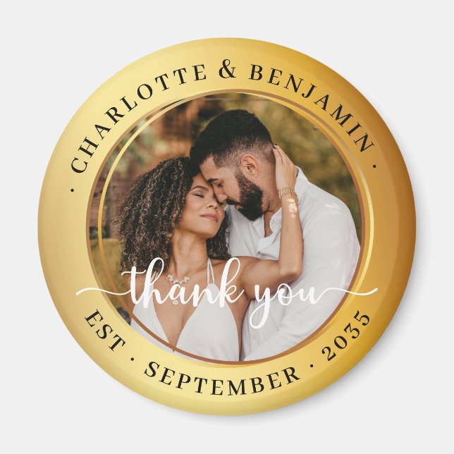 Elegant Gold Rings Couple Photo Wedding Thank You Magnet (Front)