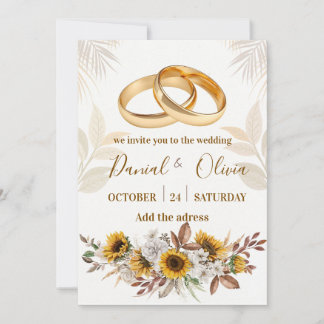 Elegant Gold Rings Sunflower Watercolor Wedding  Invitation