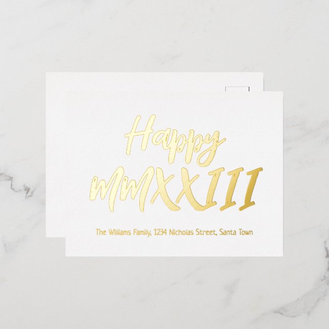 Elegant Gold Roman Numerals Happy New Year 2023 Foil Holiday Postcard (Front/Back)