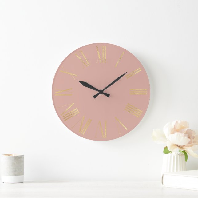 Elegant Gold Roman Numerals on Dusty Pink Blush Large Clock (Home)