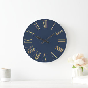 Elegant Gold Roman Numerals on Navy Blue Large Clock