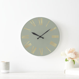 Elegant Gold Roman Numerals on Sage Green Large Clock