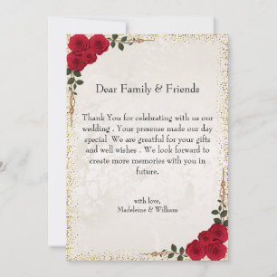 Elegant Gold Romantic Red Roses  Wedding Thank You Card