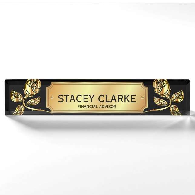 Elegant Gold Rose And Black Financial Advisor Desk Nameplate (Front)