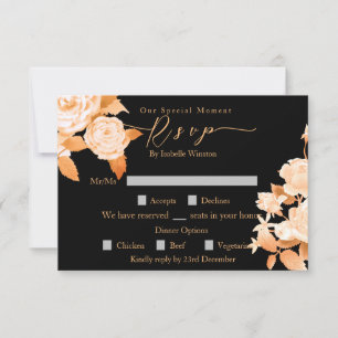 Elegant Gold Rose Black Wedding Dinner Option RSVP Card