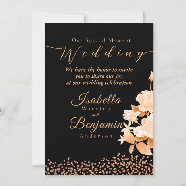Elegant Gold Rose Black Wedding Invitation Card (Front)