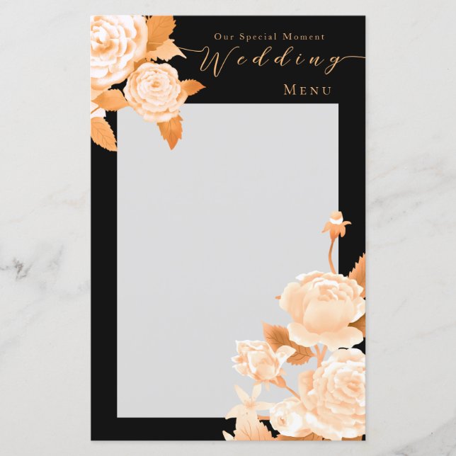 Elegant Gold Rose Black Wedding Menu (Front)