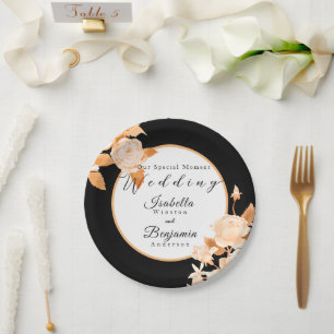 Elegant Gold Rose Black Wedding Paper Plate