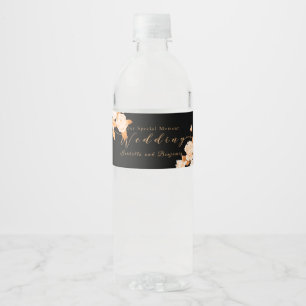 Elegant Gold Rose Black Wedding  Water Bottle Label