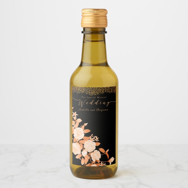Elegant Gold Rose Black Wedding  Wine Label (Front)