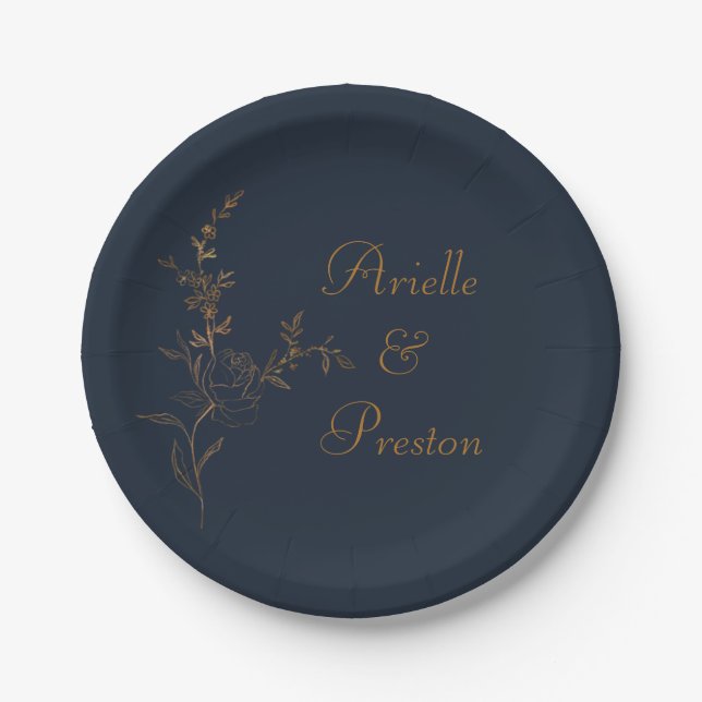 Elegant Gold Rose Stem on Navy Paper Plate (Front)