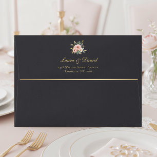 Elegant Gold Roses Black Wedding Envelope