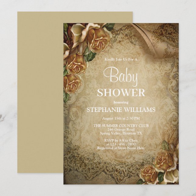 Elegant Gold Roses & Damask Baby Shower Invitation (Front/Back)