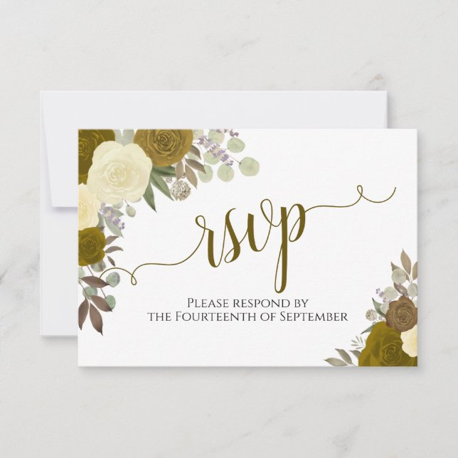 Elegant Gold Roses Floral Calligraphy Wedding RSVP (Front)