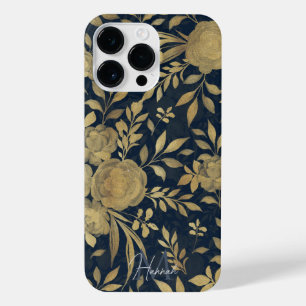 Elegant Gold Roses Floral Navy-Blue Design iPhone 14 Pro Max Case