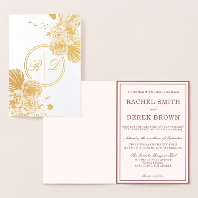 Elegant Gold Roses Monogram Wedding Real Foil Card (Display)