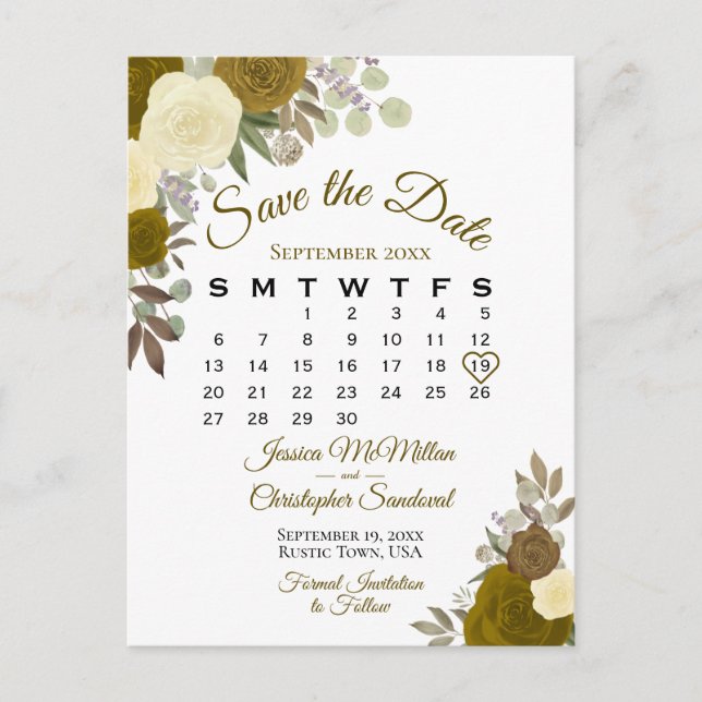 Elegant Gold Roses Wedding Save the Date Calendar Announcement Postcard (Front)