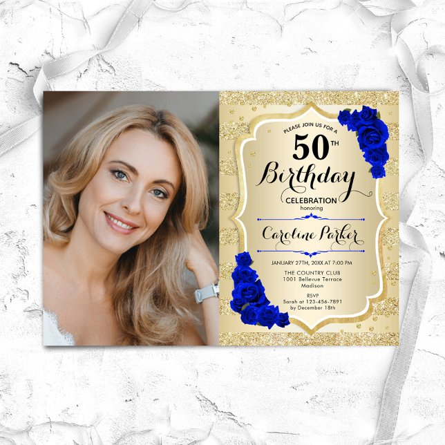 Elegant Gold Royal Blue Roses Photo 50th Birthday Invitation (Creator Uploaded)