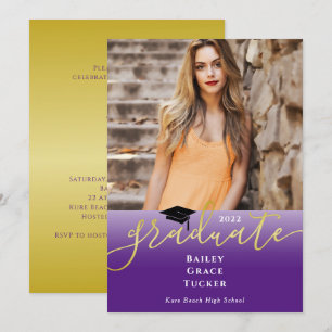 Elegant Gold Royal Purple Photo Graduation Invitation