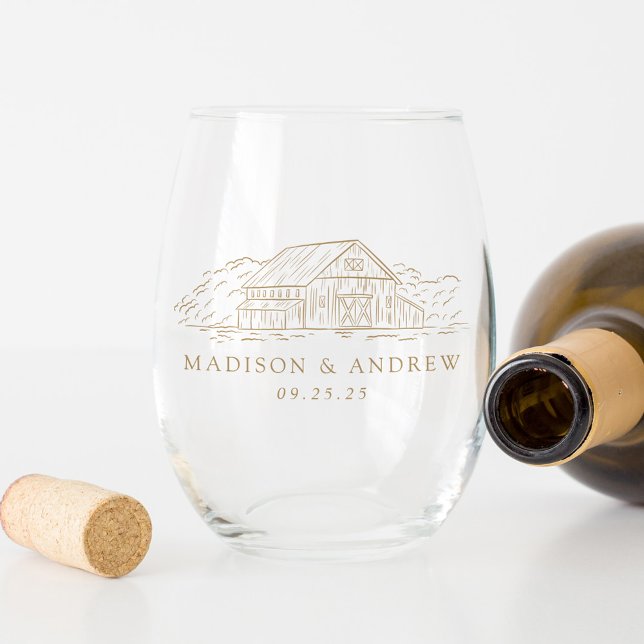 Elegant Gold Rustic Barn Personalized Wedding Stemless Wine Glass (Creator Uploaded)