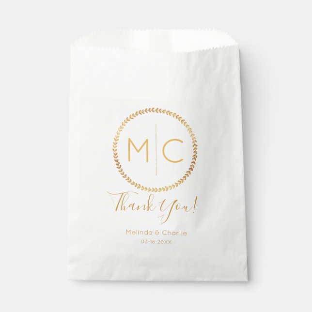 Elegant Gold Rustic Wreath Leaf Monogram Wedding Favour Bag (Front)