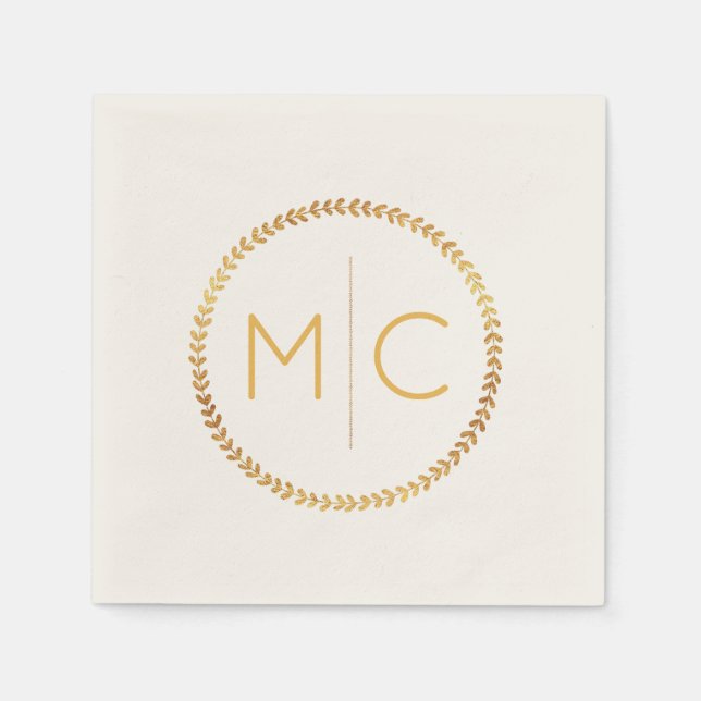 Elegant Gold Rustic Wreath Leaf Monogram Wedding Napkin (Front)