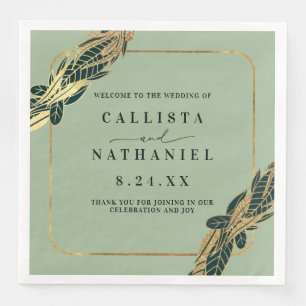 Elegant Gold Sage Green Greenery Leaves Wedding Napkin