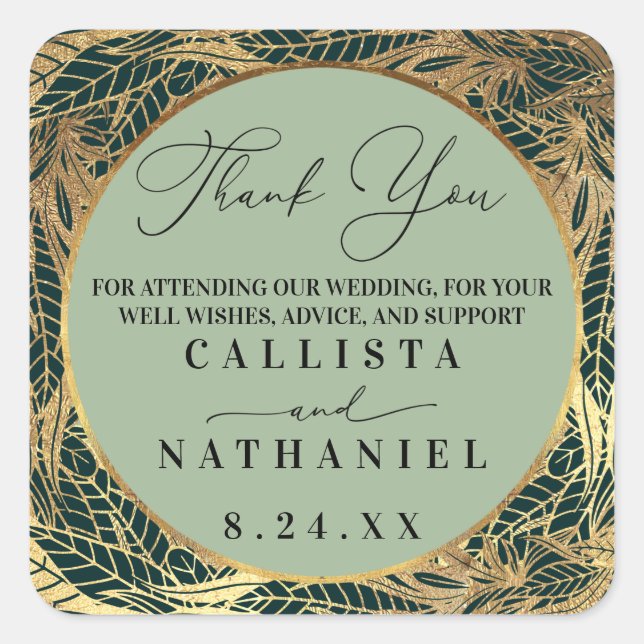 Elegant Gold Sage Green Greenery Leaves Wedding Square Sticker (Front)