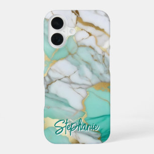 Elegant Gold Sage Green Marble Custom Name iPhone 16 Case