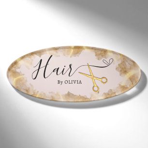 Elegant Gold Scissor  Hair Cut Beauty Salon Pink Name Tag