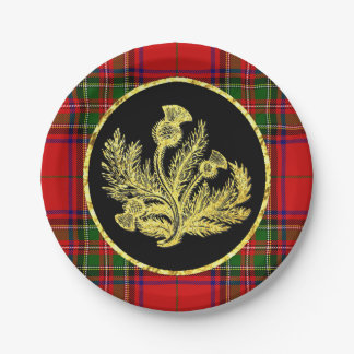 Elegant Gold Scottish Thistle and Plaid Paper Plate