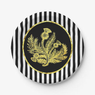 Elegant Gold Scottish Thistle and Stripe Paper Plate
