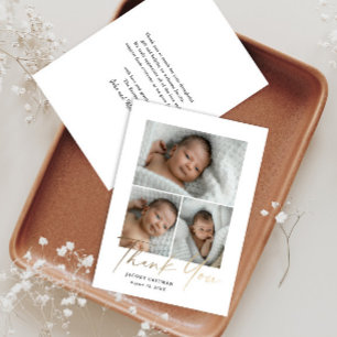 Elegant Gold Script 3 Photo Baby Thank You Card