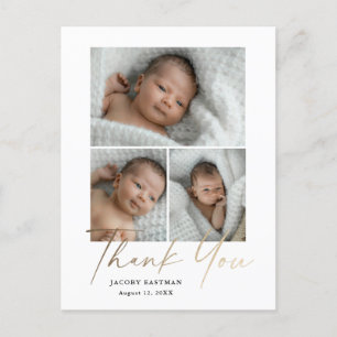 Elegant Gold Script 3 Photo Baby Thank You Postcard
