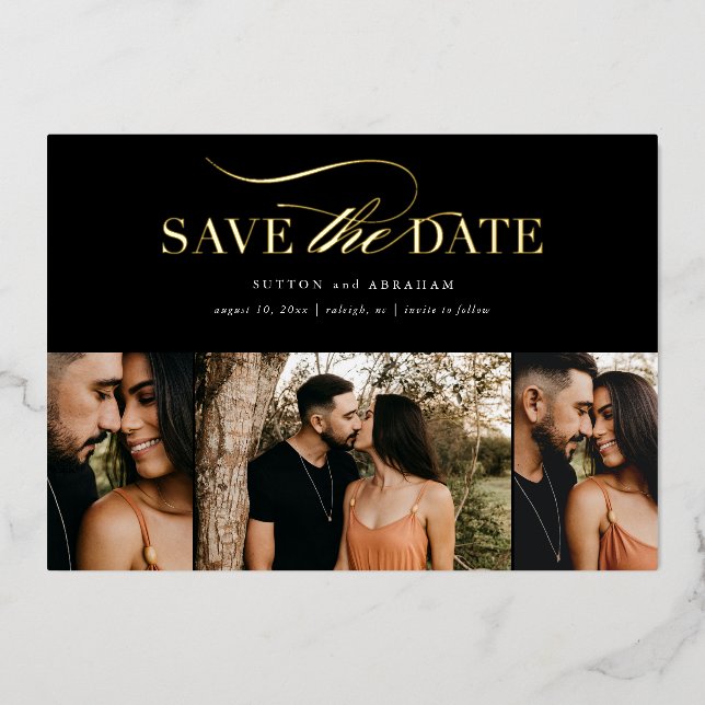 Elegant Gold Script 3 Photo Collage Save the Date (Front)