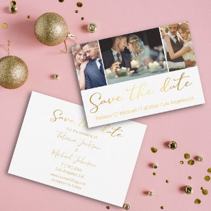 Elegant Gold Script 3 Photo Collage Save The Date  Card