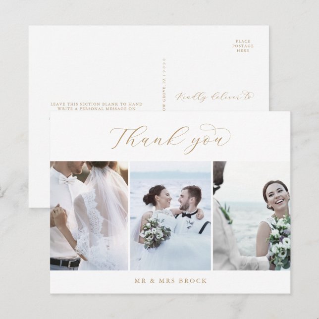 Elegant Gold Script 3 Photo Template Thank You Postcard (Front/Back)