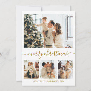 Elegant Gold Script 4 Photo Collage Christmas Holiday Card