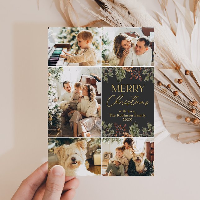 Elegant Gold Script 5 Photo Christmas Card (Creator Uploaded)