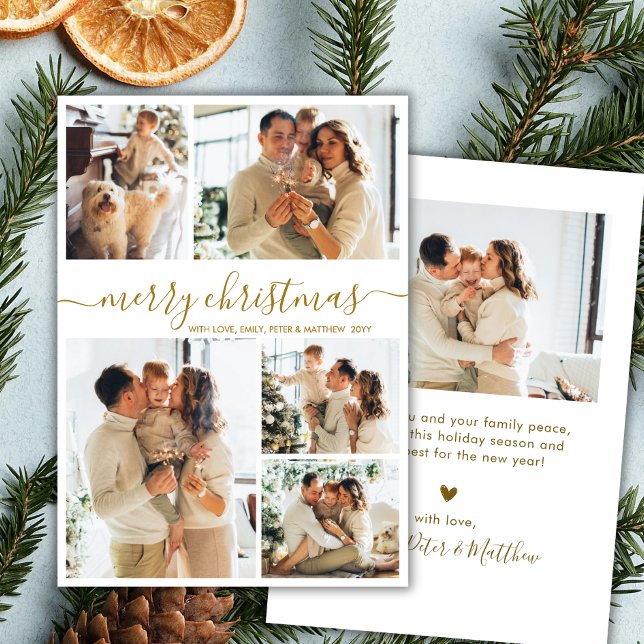 Elegant Gold Script 5 Photo Collage Christmas Holiday Card (Creator Uploaded)
