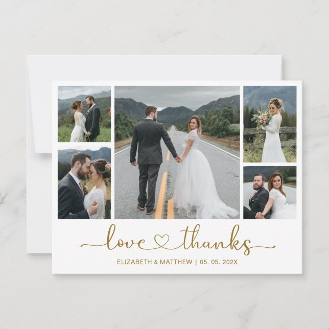 Elegant Gold Script 5 Photo Wedding Thank You  Card (Front)
