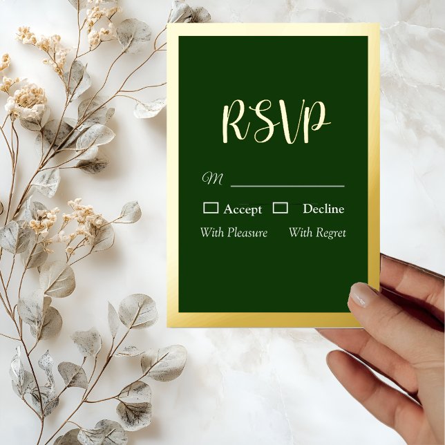 Elegant Gold Script and Frame Foil Green RSVP Card (Creator Uploaded)
