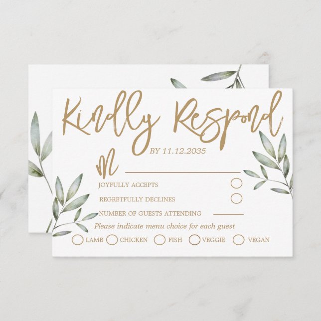 Elegant Gold Script and Sage Green Foliage Wedding RSVP Card (Front/Back)