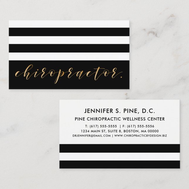 Elegant Gold Script and Stripes Chiropractor Business Card (Front/Back)