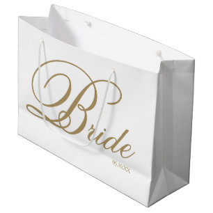 Elegant Gold Script and White Bride Large Gift Bag
