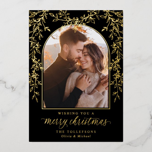 Elegant Gold Script Arch Photo Christmas Foil Holiday Card (Front)
