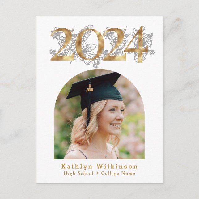 Elegant Gold Script Arch Photo GRAD Invitation Postcard (Front)