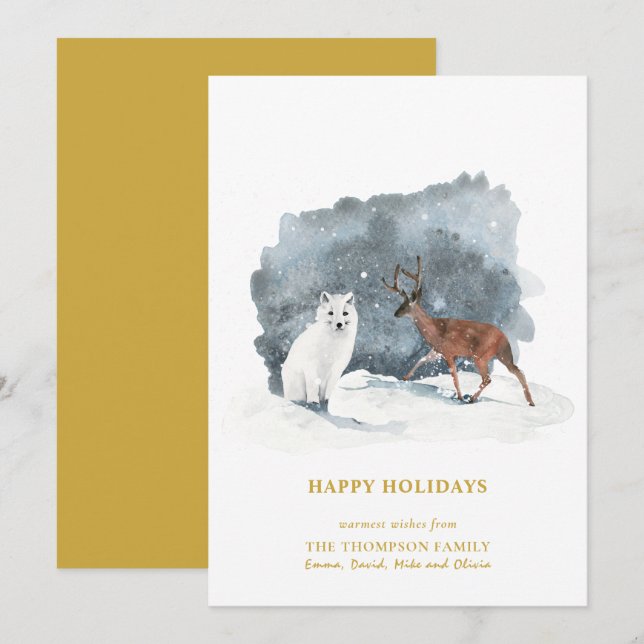 Elegant Gold Script Arctic Winter Minimalist Holiday Card (Front/Back)